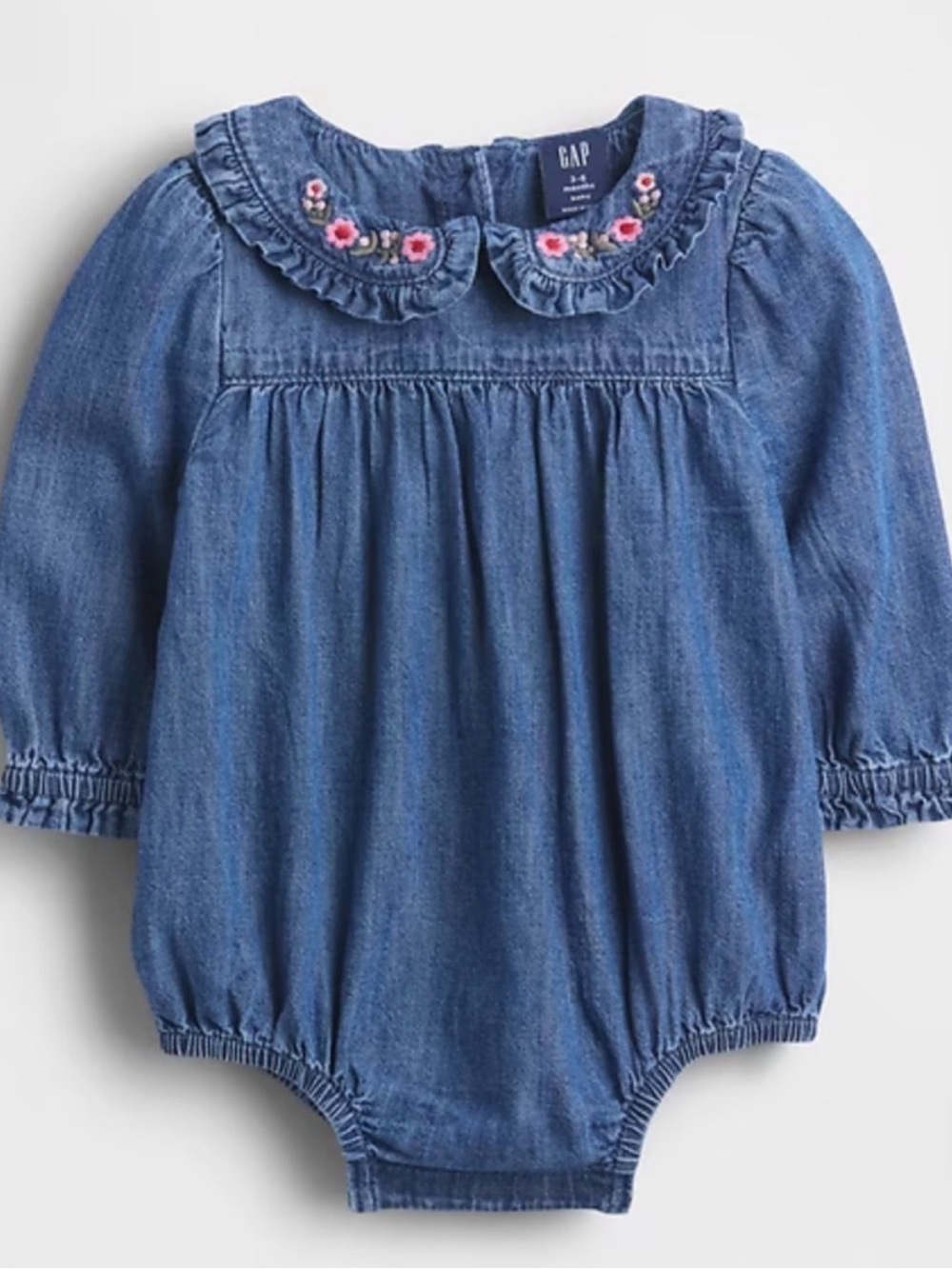 6-12 month baby GAP Blue Denim Baby Girl Romper with Floral Embroidered Collar